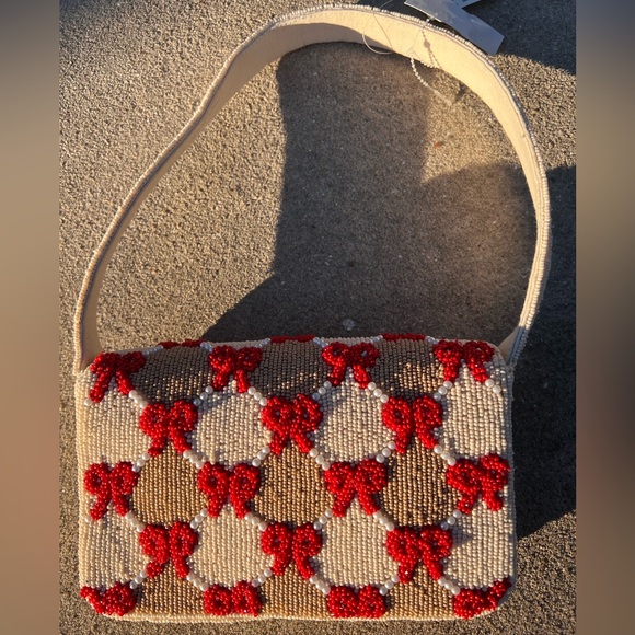 NEW Anthropologie Fiona Maeve Beaded Red Bows on Checker pattern bag small - Picture 2 of 6